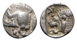 Mysia, Kyzikos, c. 450-400 BC. AR Obol (8mm, 0.82g, 6h). Forepart of boar l.; to r., tunny upward. R/ Head of lion l. within incuse square; K above. S...