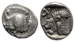 Mysia, Kyzikos, c. 450-400 BC. AR Obol (8mm, 0.81g, 2h). Forepart of boar l.; to r., tunny upward. R/ Head of lion l. within incuse square; K above. S...