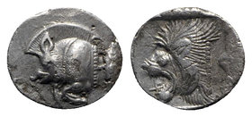 Mysia, Kyzikos, c. 450-400 BC. AR Obol (9mm, 0.62g, 6h). Forepart of boar l.; to r., tunny upward. R/ Head of lion l. within incuse square. Von Fritze...