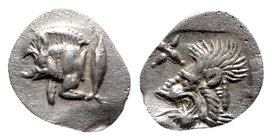 Mysia, Kyzikos, c. 450-400 BC. AR Hemiobol (9mm, 0.38g, 12h). Forepart of boar l.; tunny to r. R/ Head of lion l.; star to l.; all within incuse squar...
