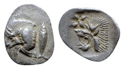 Mysia, Kyzikos, c. 450-400 BC. AR Hemiobol (9mm, 0.40g, 3h). Forepart of boar l.; tunny to r. R/ Head of lion l.; star to l.; all within incuse square...