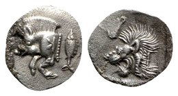 Mysia, Kyzikos, c. 450-400 BC. AR Hemiobol (9mm, 0.40g, 9h). Forepart of boar l., retrograde K on shoulder; to r., tunny upward. R/ Head of lion l.; t...