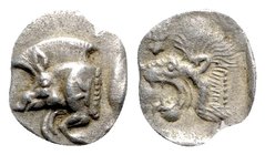 Mysia, Kyzikos, c. 450-400 BC. AR Hemiobol (8mm, 0.40g, 6h). Forepart of boar l., retrograde K on shoulder; to r., tunny upward. R/ Head of lion l.; t...