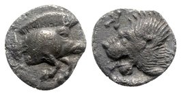 Mysia, Kyzikos, c. 450-400 BC. AR Hemiobol (6mm, 0.29g, 9h). Forepart of boar r.; tunny to l. R/ Head of roaring lion l., retrograde K to l.; all with...
