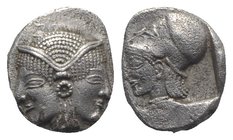 Mysia, Lampsakos, c. 500-450 BC. AR Diobol (9mm, 1.25g, 12h). Female janiform head. R/ Helmeted head of Athena l. within incuse square. SNG BnF 1126. ...