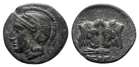 Mysia, Pergamon, c. 300-282 BC. Æ (15mm, 3.66g, 6h). Helmeted head of Athena l. R/ Two bull’s heads; thunderbolt below. Cf. BMC 12 (thunderbolt above)...