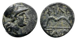 Kings of Pergamon, Philetairos (282-263 BC). Æ (8mm, 0.82g, 3h). Helmeted head of Athena r. R/ Bow; monogram to upper r. SNG Copenhagen 349. Green pat...
