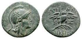 Mysia, Pergamon, c. 133-27 BC. Æ (18mm, 2.57g, 12h). Head of Athena r. wearing crested helmet decorated with star. R/ Owl with spread wings standing r...