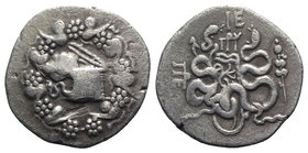 Mysia, Pergamon, c. 166-67 BC. AR Cistophoric Tetradrachm (27mm, 11.98g, 1h). Cista mystica with serpent; all within ivy-wreath / Two serpents entwine...