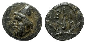Troas, Birytis, c. 350-300 BC. Æ (10mm, 1.42g, 12h). Head of Kabeiros l., wearing pileos; two stars above. R/ Club within wreath. SNG Copenhagen 249. ...
