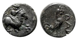 Troas, Dardanos, 4th-3rd century BC. Æ (9mm, 1.07g, 6h). Horseman r. R/ Cock standing r. SNG Copenhagen 293. Dark green patina, Good VF