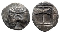 Islands of Troas, Tenedos, late 5th-early 4th century BC. AR Obol (8mm, 0.58g, 9h). Janiform head, female on l., male on r. R/ Labrys within incuse sq...