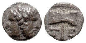Islands of Troas, Tenedos, late 5th-early 4th century BC. AR Obol (7mm, 0.45g, 6h). Janiform head, female on l., male on r. R/ Labrys within incuse sq...