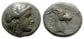 Aeolis, Aigai, 4th-3rd centuries BC. Æ (17mm, 5.75g, 6h). Laureate head of Apollo r. R/ Head of goat r. SNG Copenhagen 1; SNG von Aulock 1592. Green p...
