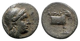 Aeolis, Aigai, 2nd-1st centuries BC. Æ (12mm, 2.23g, 11h). Helmeted head of Athena r. R/ Forepart of goat r. SNG München 363; SNG Copenhagen –; SNG vo...