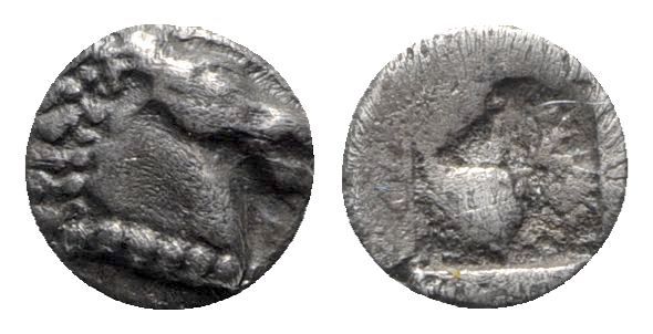 Aeolis, Kyme, c. 480-450 BC. AR Tetartemorion (5mm, 0.27g). Horse head r. R/ Qua...