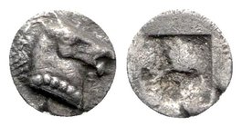 Aeolis, Kyme, c. 480-450 BC. AR Tetartemorion (5mm, 0.20g). Horse head r. R/ Quadripartite incuse square. Klein 332. Good VF