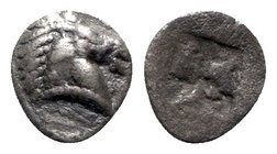 Aeolis, Kyme, c. 480-450 BC. AR Tetartemorion (6mm, 0.22g). Horse head r. R/ Quadripartite incuse square. Klein 332. VF