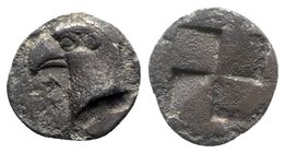 Aeolis, Kyme, c. 450-400 BC. AR Hemiobol (7mm, 0.46g). Head of eagle l.; K to l. R/ Quadripartite incuse square. Klein 333; SNG Copenhagen 31. VF