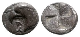 Aeolis, Kyme, c. 450-400 BC. AR Hemiobol (6.5mm, 0.45g). Head of eagle l.; KY–[M] around. R/ Quadripartite incuse square. SNG Ashmolean –; SNG von Aul...