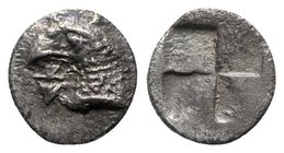 Aeolis, Kyme, c. 450-400 BC. AR Hemiobol (7mm, 0.43). Head of eagle l.; retrograde K to l. R/ Quadripartite incuse square. SNG von Aulock 1623. VF