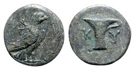 Aeolis, Kyme, c. 350-320 BC. Æ (10mm, 1.21g, 9h). Eagle standing r.; AP to l. R/ One-handled vase. Cf. SNG Copenhagen 44-5. Green patina, VF