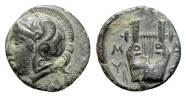 Lesbos, Methymna, c. 350-240 BC. Æ (10mm, 1.51g, 9h). Helmeted head of Athena l. R/ Lyre. Franke 19-20; HGC 6, 914. Rare, green patina, Good VF