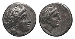 Lesbos, Mytilene, c. 400-350 BC. AR Diobol (8mm, 1.33g, 12h). Laureate head of Apollo r. R/ Female head r. SNG von Aulock 1744; SNG Copenhagen 367-9; ...