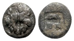 Lesbos, Unattributed early mint, c. 500-450 BC. BI 1/12 Stater (9mm, 1.26g). Confronted boars’ heads. R/ Four-part incuse square. HGC 6, 1067. About V...