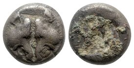 Lesbos, Unattributed early mint, c. 500-450 BC. BI Obol (8mm, 1.18g). Confronted boars’ heads. R/ Four-part incuse square. Cf. HGC 6, 1071. VF