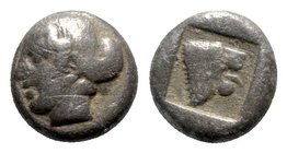 Lesbos, Unattributed early mint, c. 480-400 BC. BI Trihemiobol (7mm, 0.88g, 12h). Female head l., wearing tainia. R/ Lion head r. within incuse square...