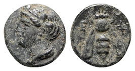 Ionia, Ephesos, c. 375 BC. Æ (10mm, 1.59g, 12h). Female head l. R/ Bee. SNG Copenhagen 256; SNG von Aulock 1839. Green patina, VF