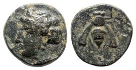 Ionia, Ephesos, c. 375 BC. Æ (9mm, 1.21g, 12h). Female head l. R/ Bee. SNG Copenhagen 256; SNG von Aulock 1839. Green patina, near VF