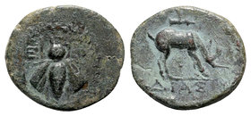 Ionia, Ephesos, c. 280-258 BC. Æ (17mm, 3.14g, 12h). Dias, magistrate. Bee within wreath. R/ Stag grazing r.; quiver above. SNG Copenhagen 268-9 var. ...
