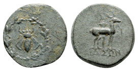 Ionia, Ephesos, late 2nd-early 1st century BC. Æ (15mm, 2.38g, 12h). Jason, magistrate. Bee in wreath. R/ Stag standing r. before long torch. SNG Cope...