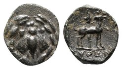 Ionia, Ephesos, c. 50-27 BC. Æ (13mm, 3.28g, 1h). Python, magistrate. Bee with straight wings within wreath. R/ Stag standing r., head l.; torch above...
