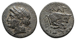 Ionia, Magnesia ad Maeandrum, c. 400-350 BC. Æ (13mm, 2.15g, 1h). Aiduchos, magistrate. Laureate head of Apollo l. R/ Forepart of bull butting r.; mae...