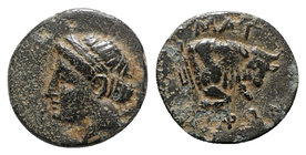 Ionia, Magnesia ad Maeandrum, c. 400-350 BC. Æ (13mm, 1.66g, 1h). Iophon, magistrate. Laureate head of Apollo l. R/ Forepart of bull butting r.; maean...