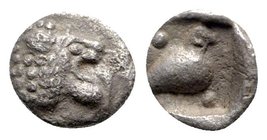 Ionia, Miletos, late 6th-early 5th century BC. AR Tetartemorion (4mm, 0.17g, 3h). Head of a roaring lion r. R/ Eagle standing r.; two pellets in field...