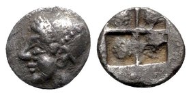 Ionia, Phokaia, c. 510-494 BC. AR Diobol (8mm, 0.92g). Helmeted female head l., hair in sakkos. R/ Four-part incuse square. SNG Copenhagen 389-94 (Unc...