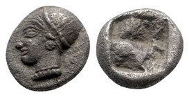 Ionia, Phokaia, c. 510-494 BC. AR Diobol (8mm, 1.18g). Helmeted female head l., hair in sakkos. R/ Four-part incuse square. SNG Copenhagen 389-94 (Unc...