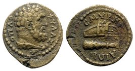 Ionia, Smyrna. Pseudo-autonomous issue, 2nd century AD. Æ (17mm, 3.10g, 9h). Bearded bust of Herakles r., wearing lion-skin. R/ Club and bow in quiver...