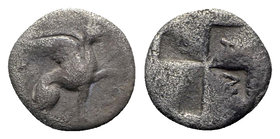 Ionia, Teos, c. 400-375 BC. AR Diobol (9mm, 1.00g). Eudoros(?), magistrate. Griffin seated r., forepaw raised. R/ Quadripartite incuse square with mag...