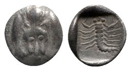 Caria, Mylasa(?), c. 450-400 BC. AR Obol (7mm, 0.42g, 12h). Facing forepart of lion. R/ Scorpion, tail to r. SNG Kayhan 934; SNG Copenhagen 379 (Uncer...