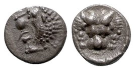 Caria, Mylasa, c. 420-390 BC. AR Hemiobol (7mm, 0.45g, 3g). Forepart of lion r., head l. R/ Facing lion’s scalp. SNG Keckman 841; Troxell, Carians p. ...
