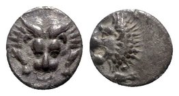 Caria, Mylasa, c. 420-390 BC. AR Hemiobol (7mm, 0.46g, 9g). Forepart of lion r., head l. R/ Facing lion’s scalp. SNG Keckman 841; Troxell, Carians p. ...