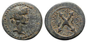 Caria, Tabae. Pseudo-autonomous, time of the Flavians (69-96). Æ (21mm, 4.74g, 6h). Kallikrates Brachilidos, magistrate. Head of Dionysus r., wearing ...