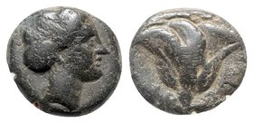 Islands off Caria, Rhodos, c. 350-300 BC. Æ (9.52mm, 1.24g, 12h). Head of the nymph Rhodos r., wearing sphendone, earring and necklace. R/ Rose with b...