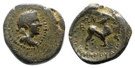 Lydia, Klannudda, c. 1st century BC. Æ (14mm, 3.35g, 11h). Draped bust of Hermes r., wearing petasos. R/ Humped bull standing r.; on its back, eagle s...
