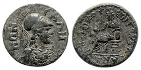 Lydia, Sala. Pseudo-autonomous. Time of Hadrian-Antoninus Pius (128-161). Æ (18mm, 4.10g, 6h). Gaius Valerius Andronicus, magistrate. Helmeted head of...
